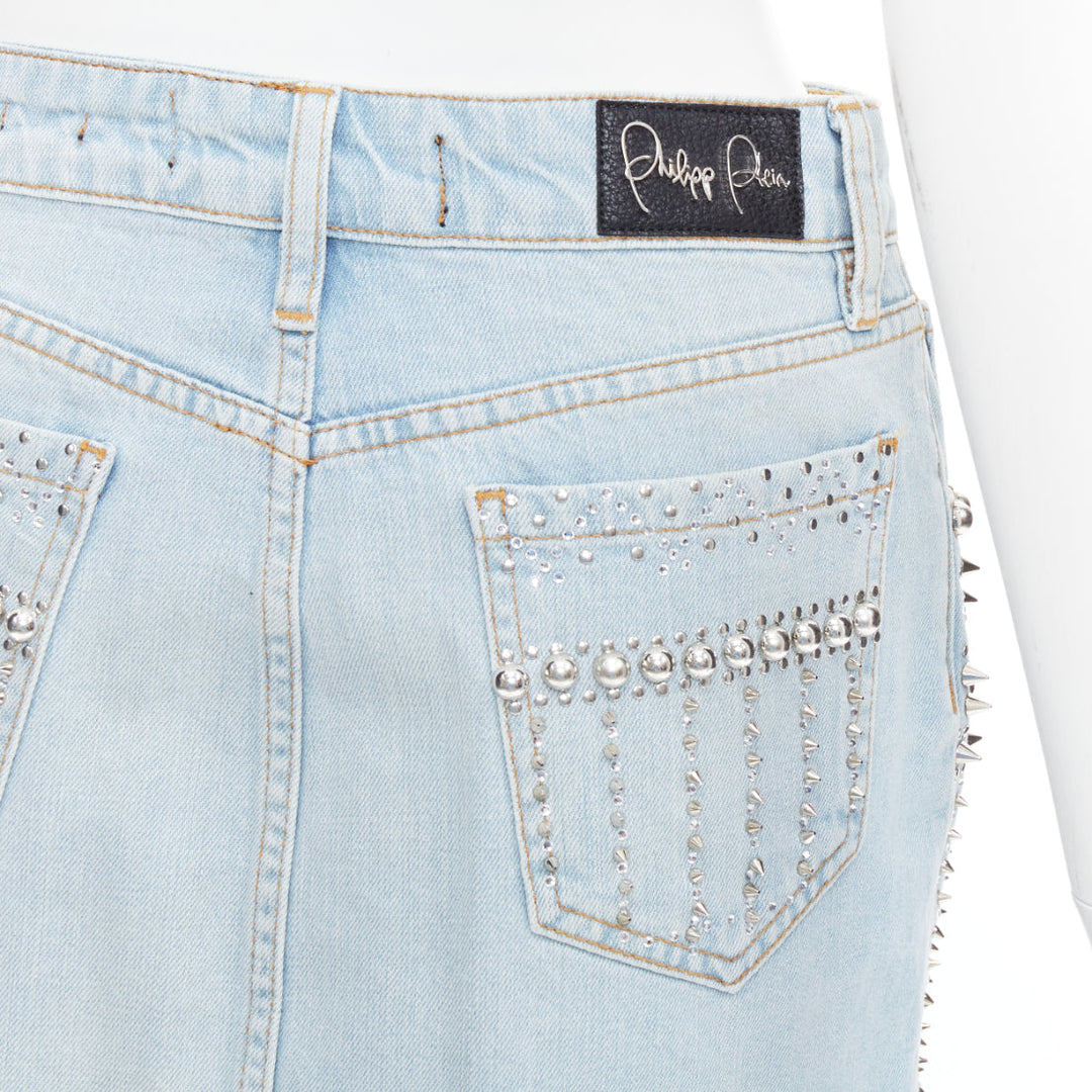 PHILLIP PLEIN New Skirt blue cotton stud crystal front zip skirt 25"