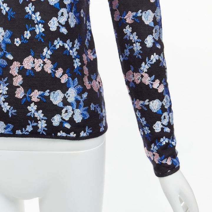 GIAMBATTISTA VALLI black cashmere silk blue pink flower embroidery top IT38 XS