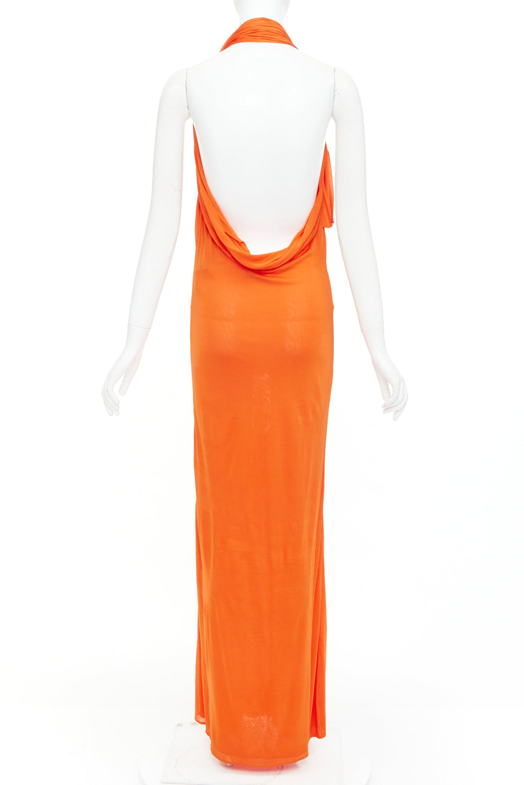 SAINT LAURENT 2023 orange asymmetric knot halter draped backless gown FR38 M