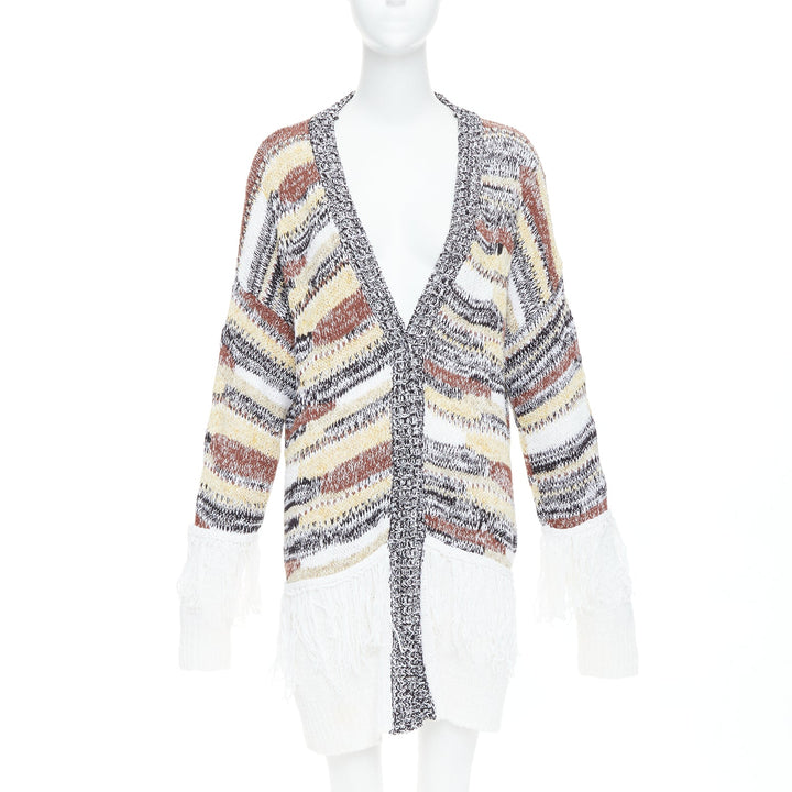 DONDUP melange brown white cotton blend fringe trim cardigan IT40 S