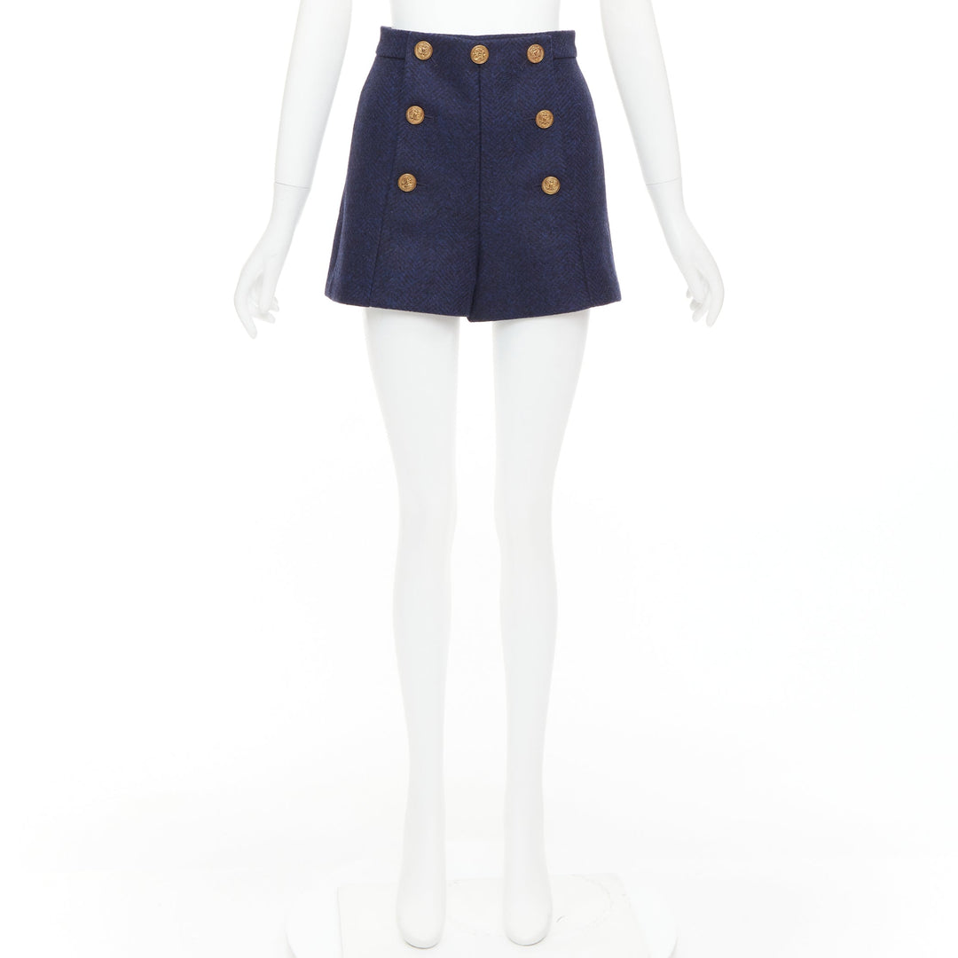 RED VALENTINO navy virgin wool nautical gold button high waist shorts IT36 XXS