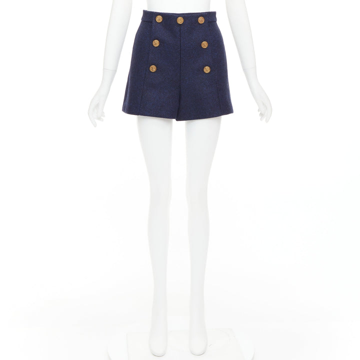RED VALENTINO navy virgin wool nautical gold button high waist shorts IT36 XXS