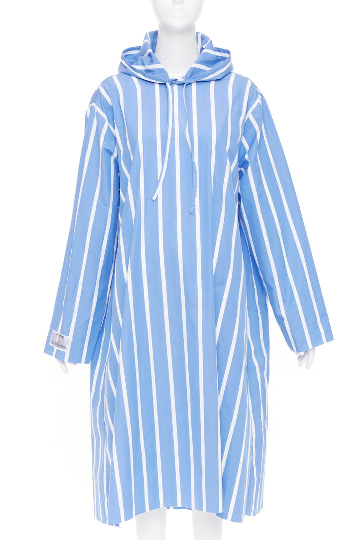 VETEMENTS 2018 blue white stripe oversized hooded cotton poplin poncho dress XS