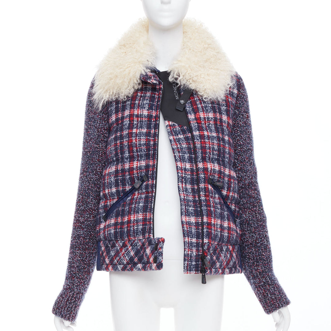 MONCLER GRENOBLE Runway Soleil red blue tweed fur collar down puffer Sz.0 XS
