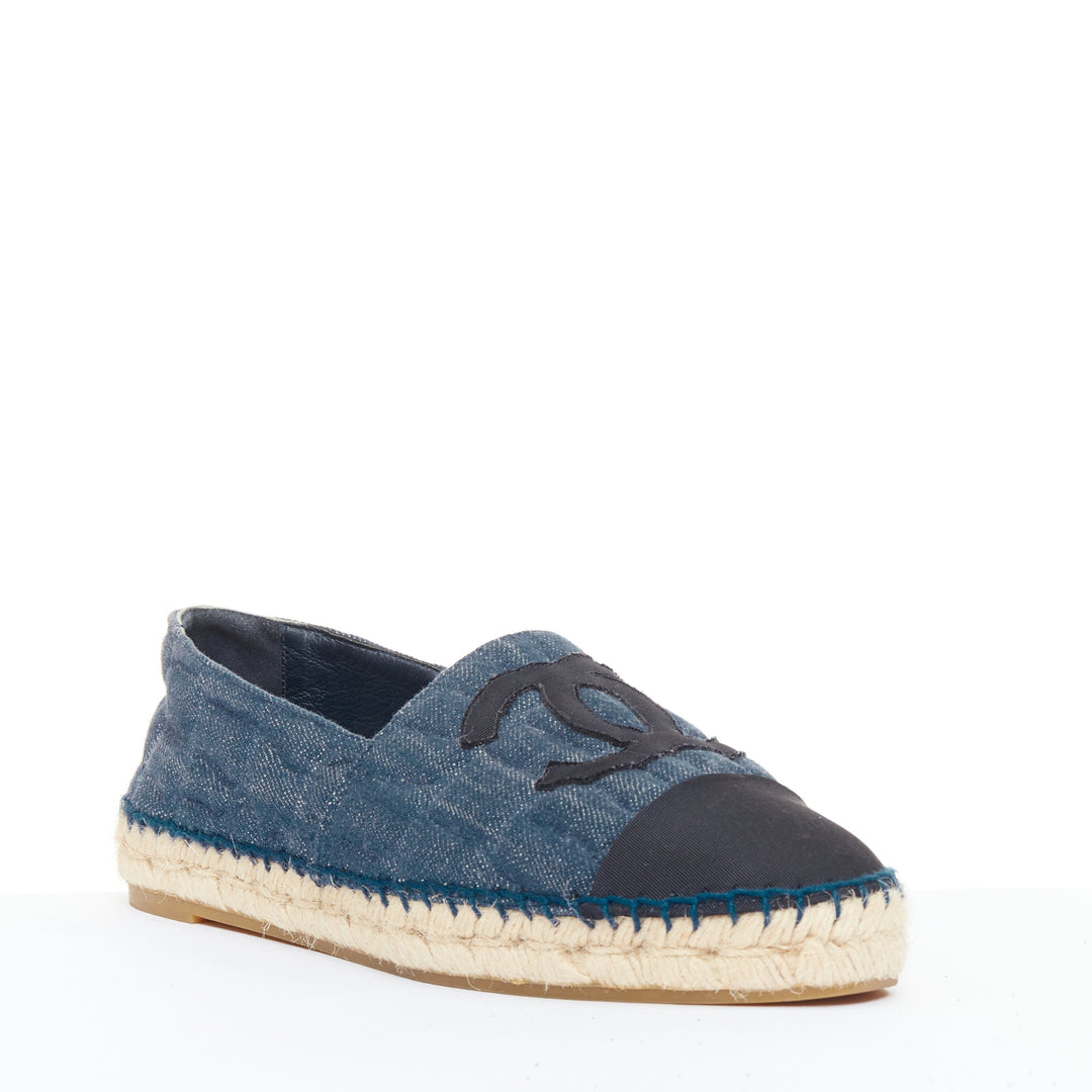 CHANEL 2016 blue embossed denim animal pattern quilted CC espadrilles shoes EU39