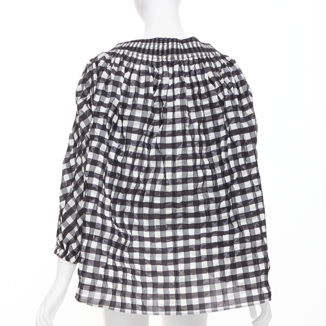 ALAIA black white checked gingham smocked neck asymmetric loose top FR36 S