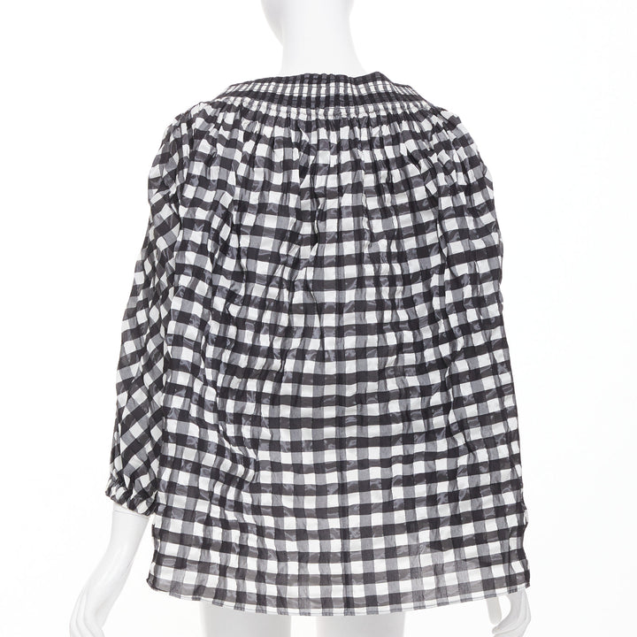 ALAIA black white checked gingham smocked neck asymmetric loose top FR36 S