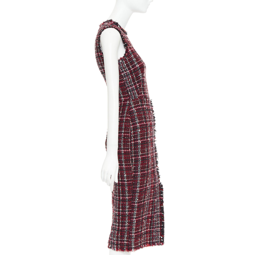 ALEXANDER MCQUEEN 2018 red black tartan tweed front slit shift dress IT38 XS