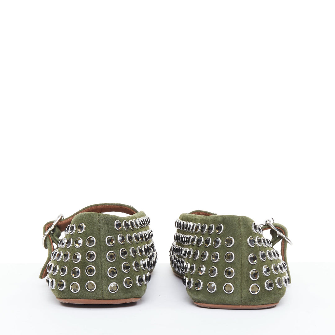 ALAIA 2023 La Ballerine Vert Foret green suede crystal buckle maryjane EU37.5
