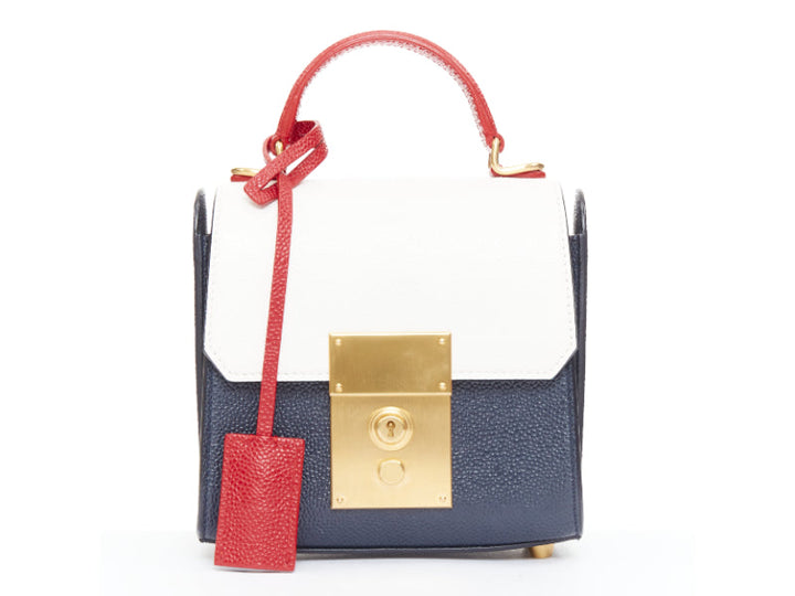 THOM BROWNE Mini Mrs Thom red white navy calfskin stripe detail top handle bag