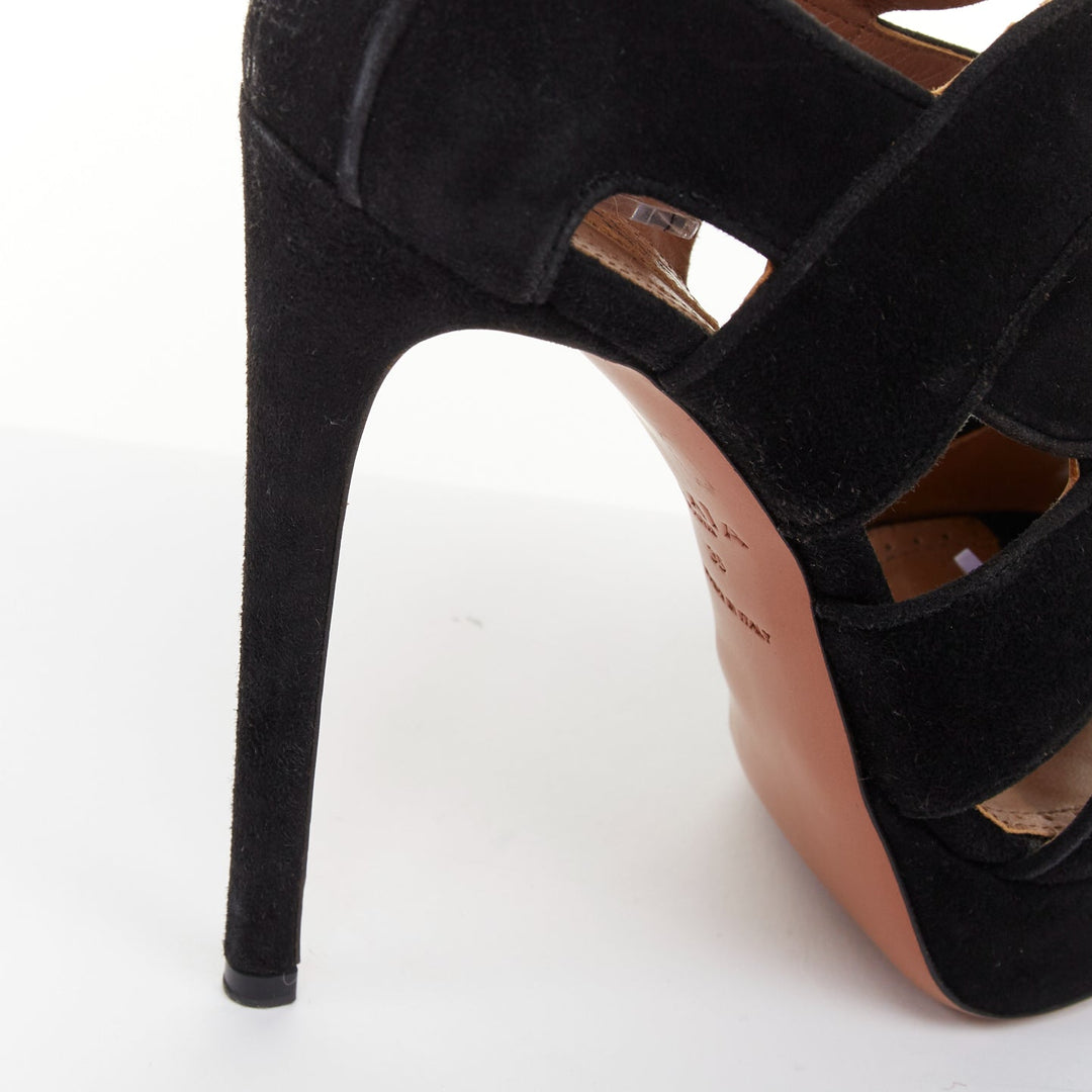 ALAIA 2012 black wavy suede caged cutout strappy open toe platform sandals EU35