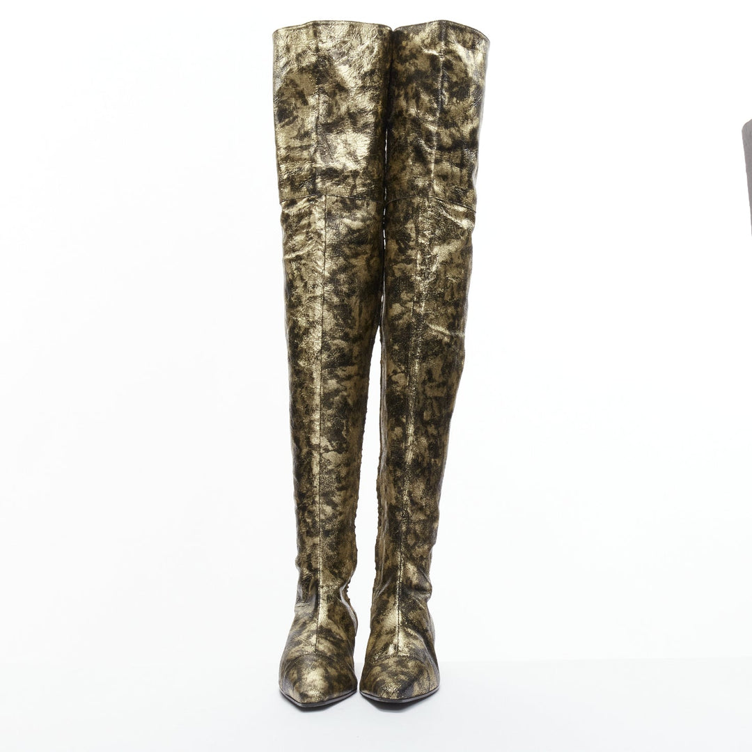 rare CHANEL 18A Runway gold CC leather over knee long boots EU38.5