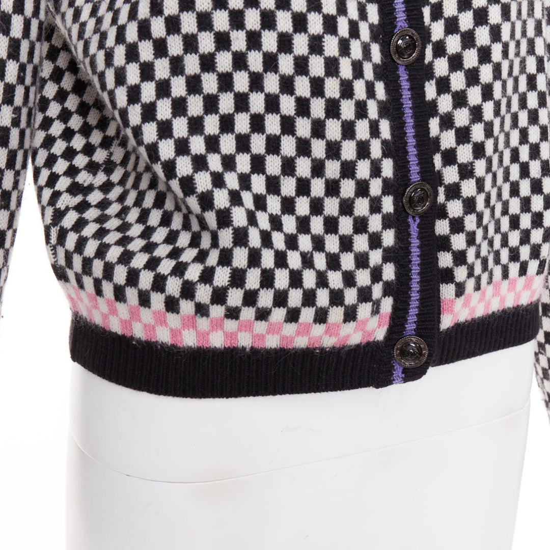 GIANNI VERSACE Vintage wooly checkered pink purple trim cardigan IT42 M