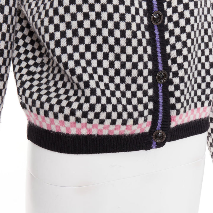 GIANNI VERSACE Vintage wooly checkered pink purple trim cardigan IT42 M