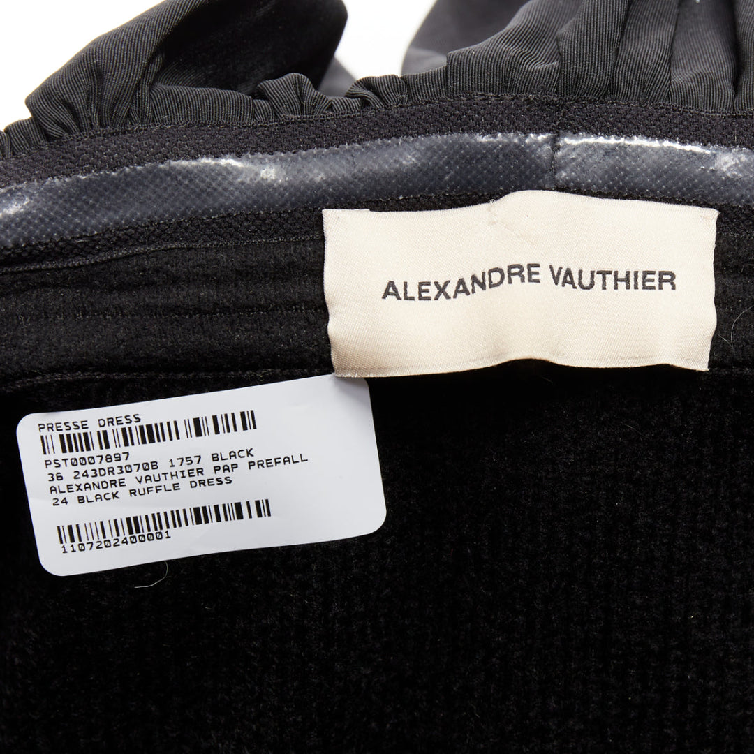 ALEXANDRE VAUTHIER 2024 black ribbed velour knit crystal trim ruffle mini dress