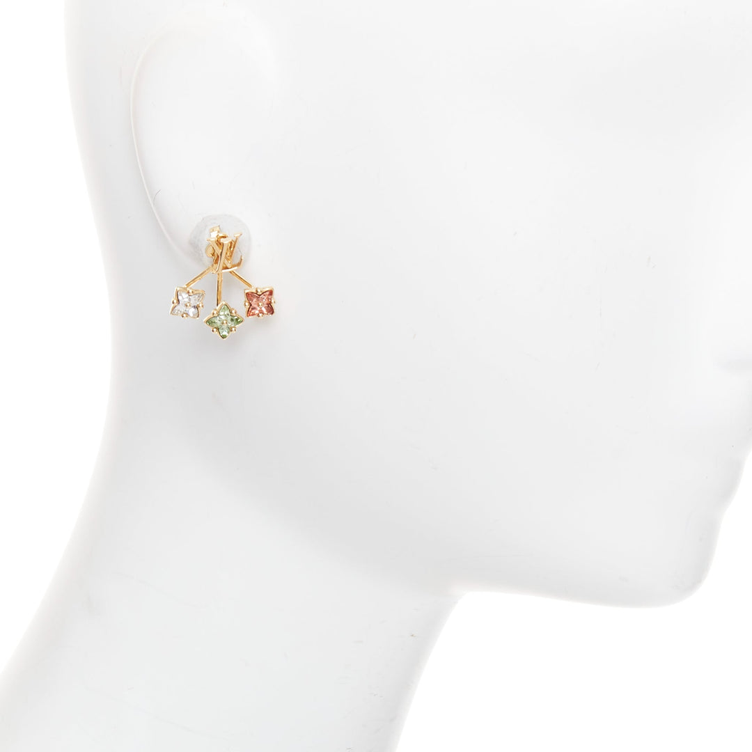LOUIS VUITTON Loulougram gold tone green pink floral crystal pin earring Pair