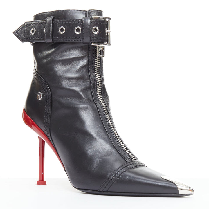ALEXANDER MCQUEEN Slash black leather biker style red heeled boots EU39