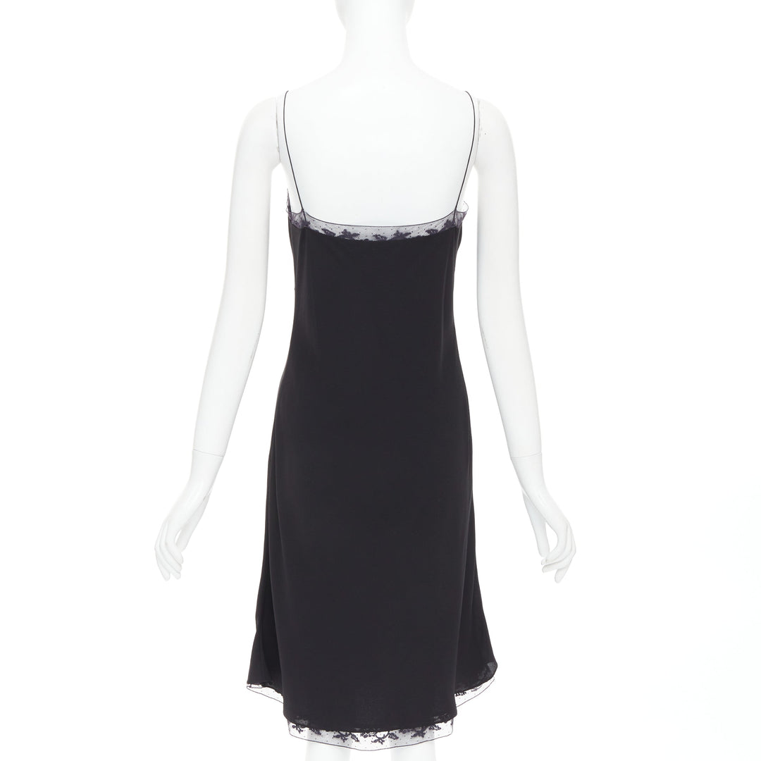 THE ROW Santi 100% silk crepe black fluid lace trim knee length slip dress US2 S
