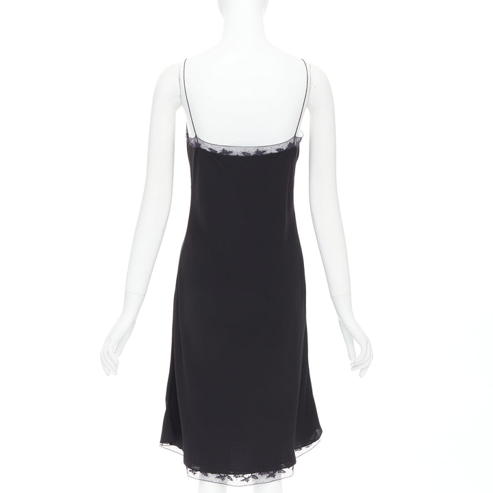 THE ROW Santi 100% silk crepe black fluid lace trim knee length slip dress US2 S