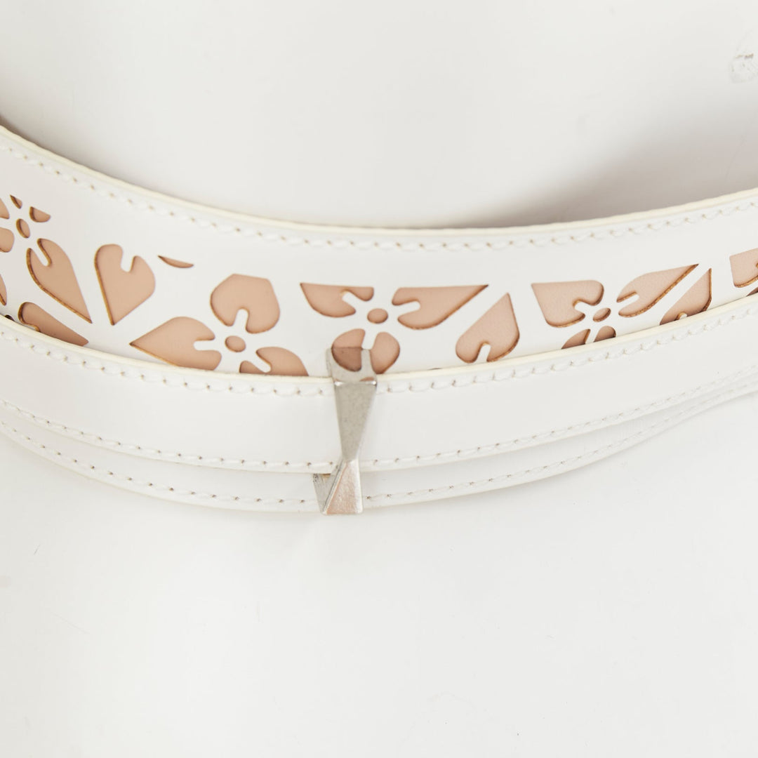 ALEXANDER MCQUEEN white laser cut leather floral silhouette waist belt 65cm