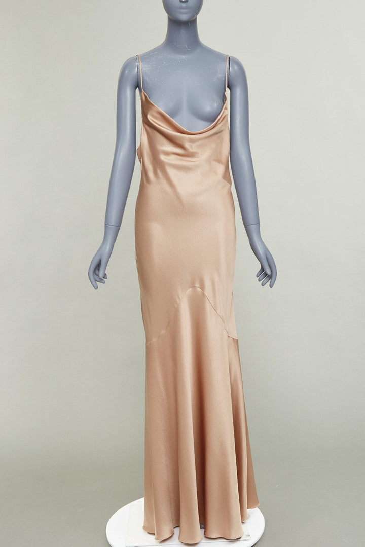 SAINT LAURENT 2023 rose bronze silk satin draped cowl slip dress gown FR40 L