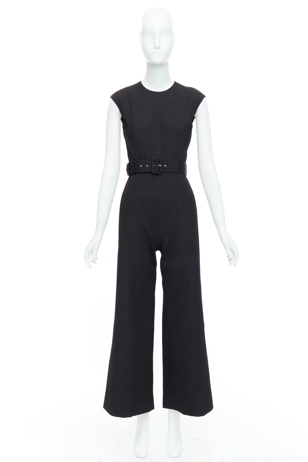 EMILIA WICKSTEAD black cloque crew neck cropped belted jumpsuit UK8 S