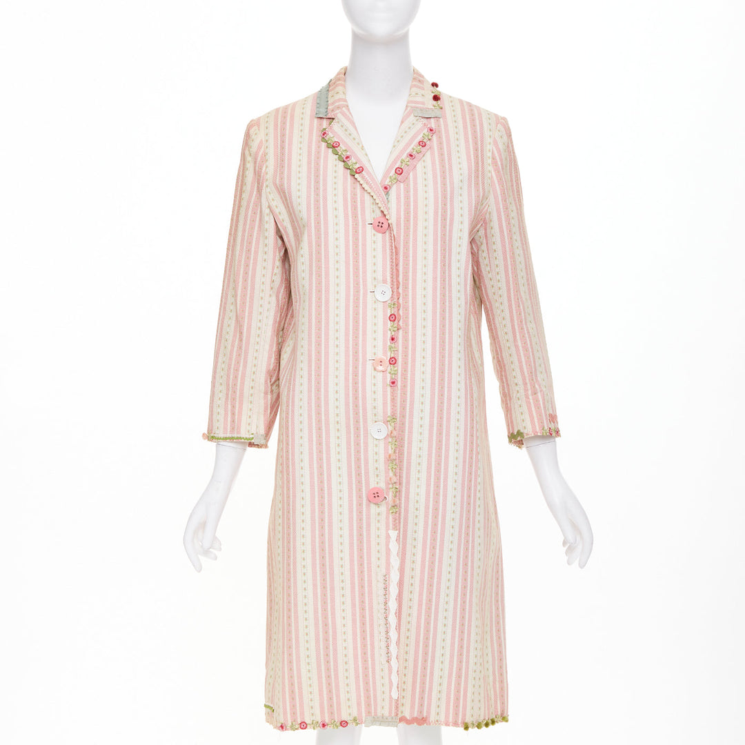 MOSCHINO Cheap and Chic pink beige striped floral trim cotton long coat IT46 XL