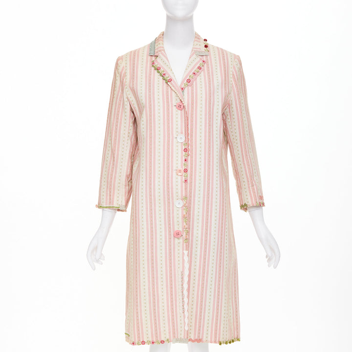 MOSCHINO Cheap and Chic pink beige striped floral trim cotton long coat IT46 XL