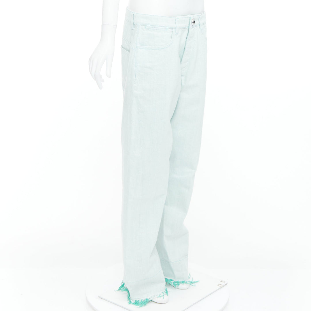 JIL SANDER washed green cotton frayed hem wide leg jeans FR40 S