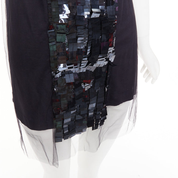 VERA WANG navy cotton silk sheer overlay paillette beaded scoop tank top S