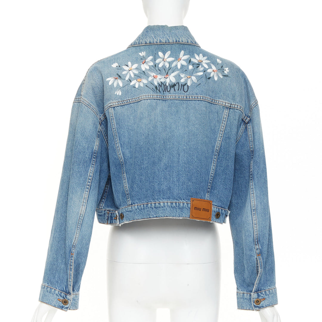 MIU MIU 2020 blue washed denim hand painted daisy floral cropped jacket IT36 XXS