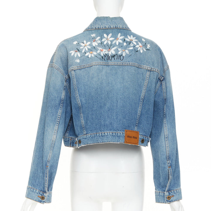 MIU MIU 2020 blue washed denim hand painted daisy floral cropped jacket IT36 XXS