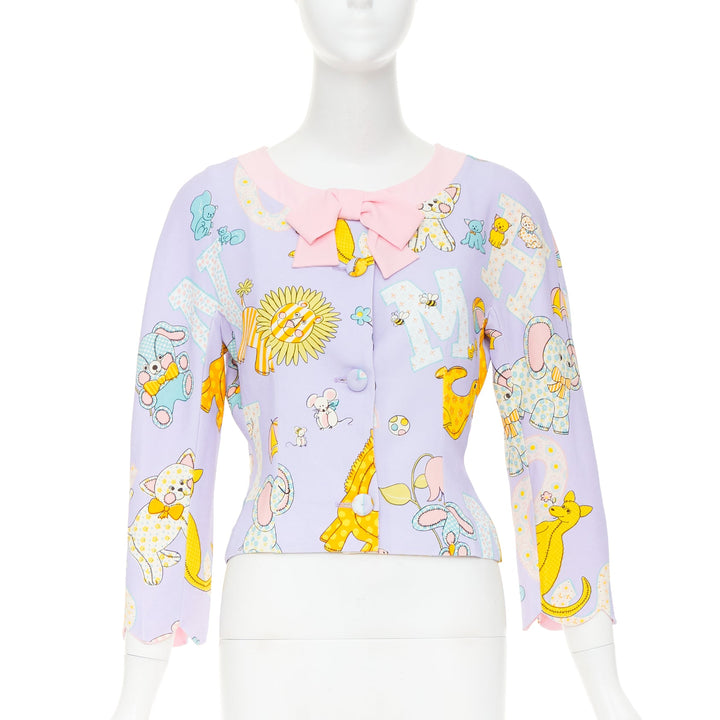 MOSCHINO COUTURE! 2022 Runway Calico Animals purple pink bow crop jacket IT44 L