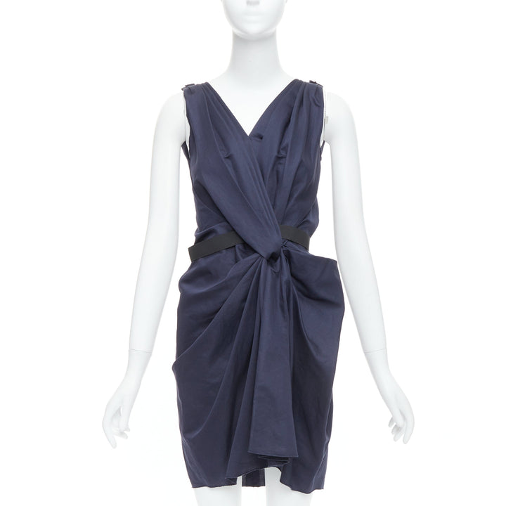 LANVIN 2010 navy ramie cotton drape black belted mini dress FR36 S