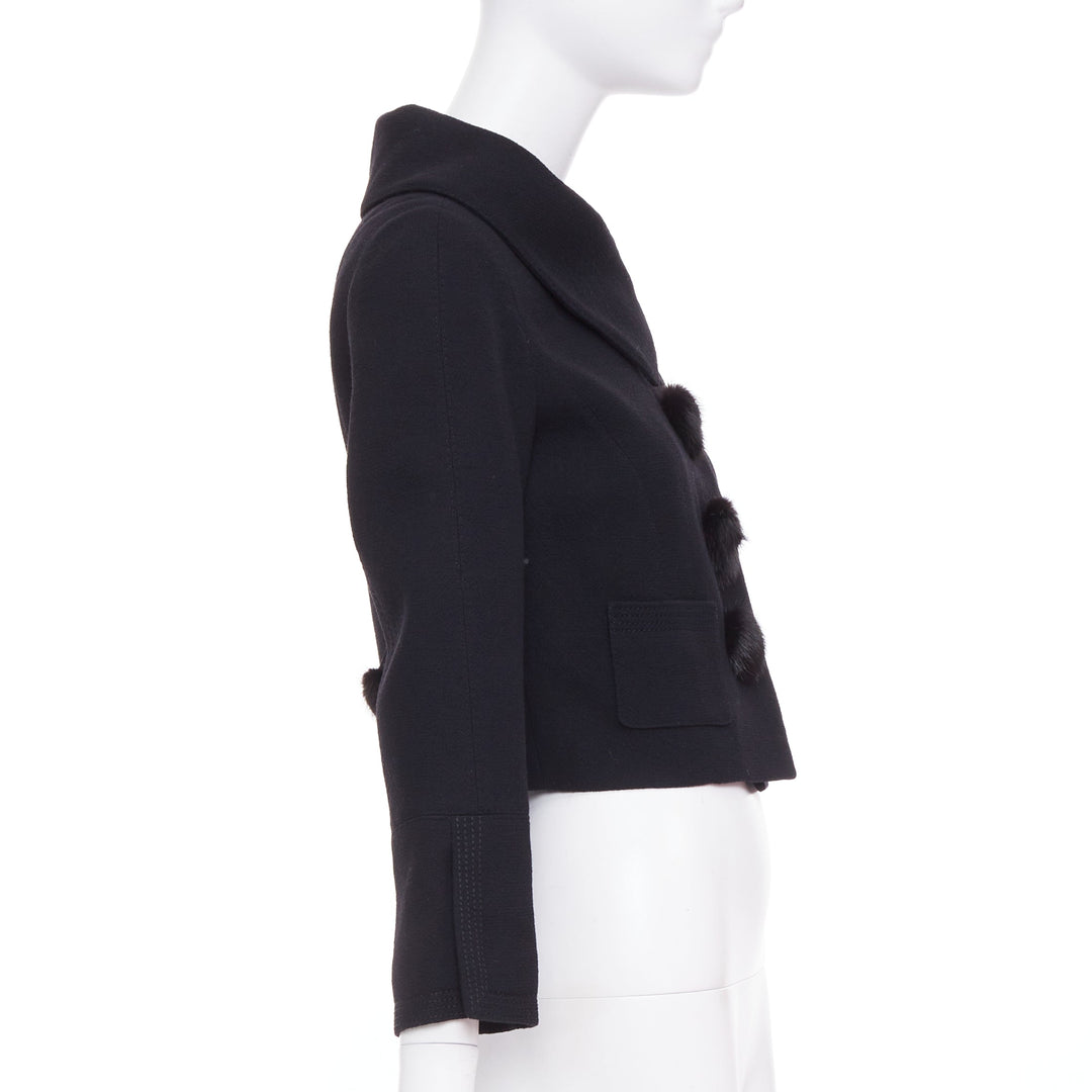 LOUIS VUITTON 2007 black wool crepe Mink fur button cropped jacket FR38 M