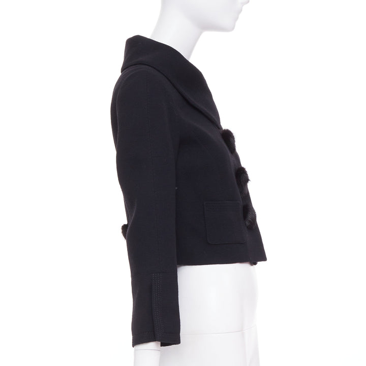 LOUIS VUITTON 2007 black wool crepe Mink fur button cropped jacket FR38 M