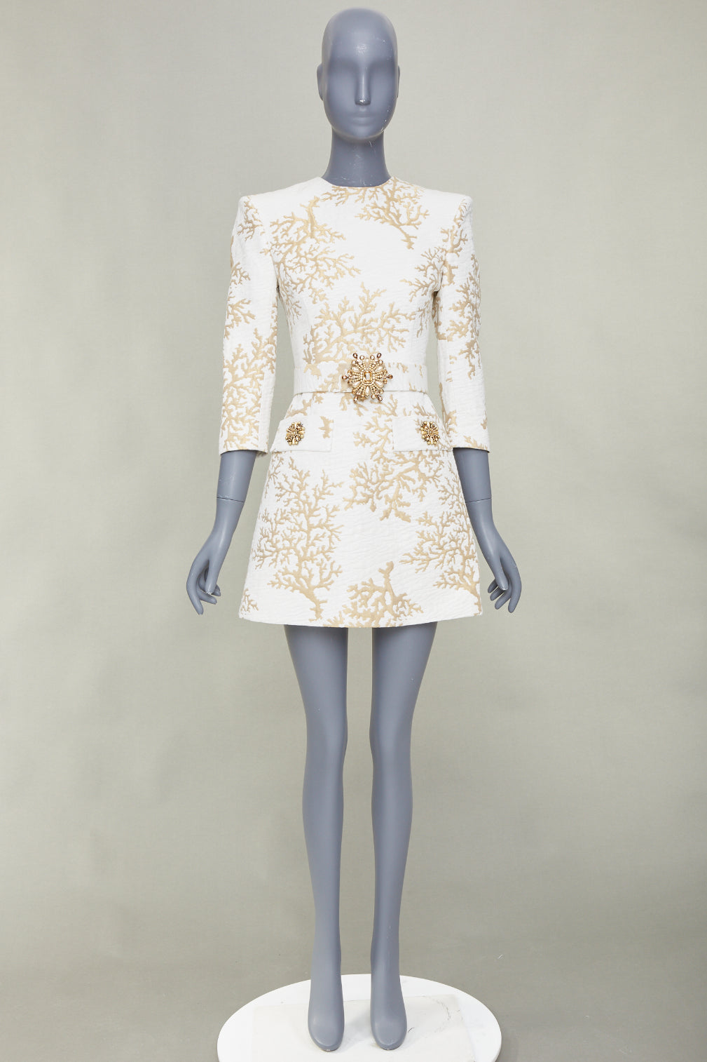 ANDREW GN 2022 Runway Coral Jacquard white gold belted cocktail dress FR34 XXS