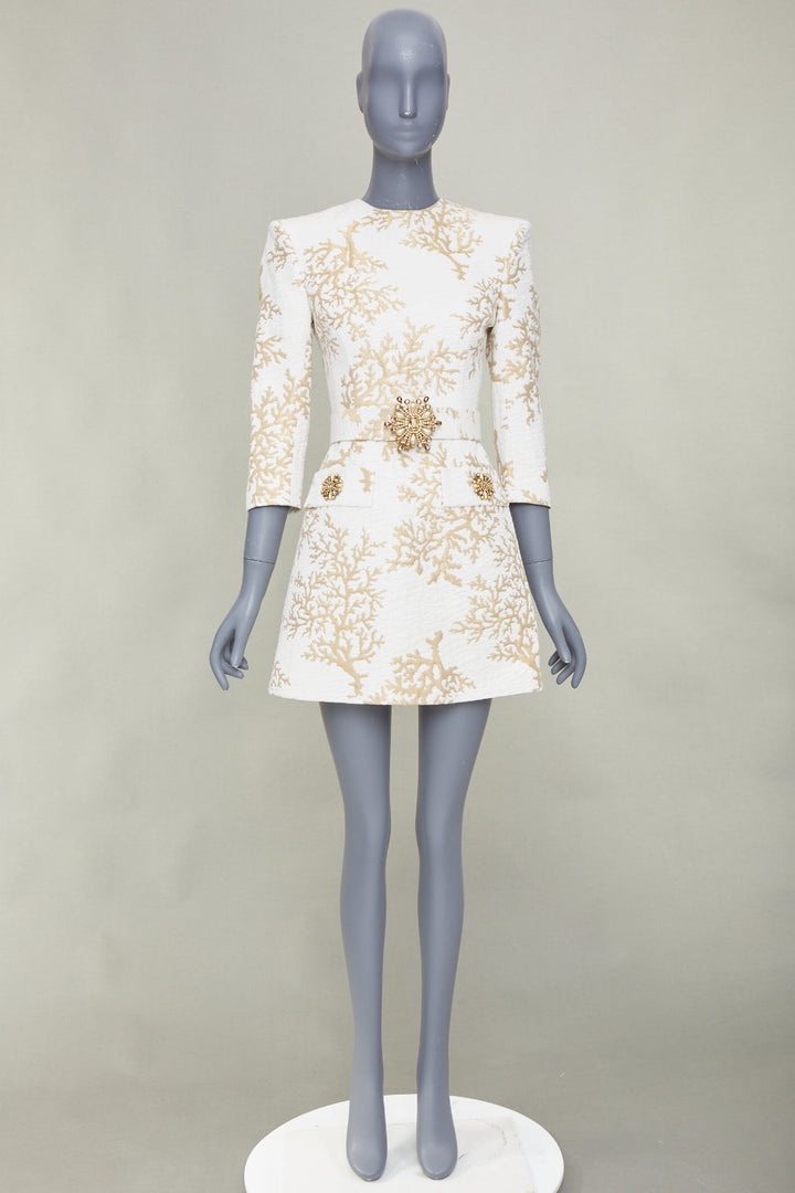 ANDREW GN 2022 Runway Coral Jacquard white gold belted cocktail dress FR34 XXS