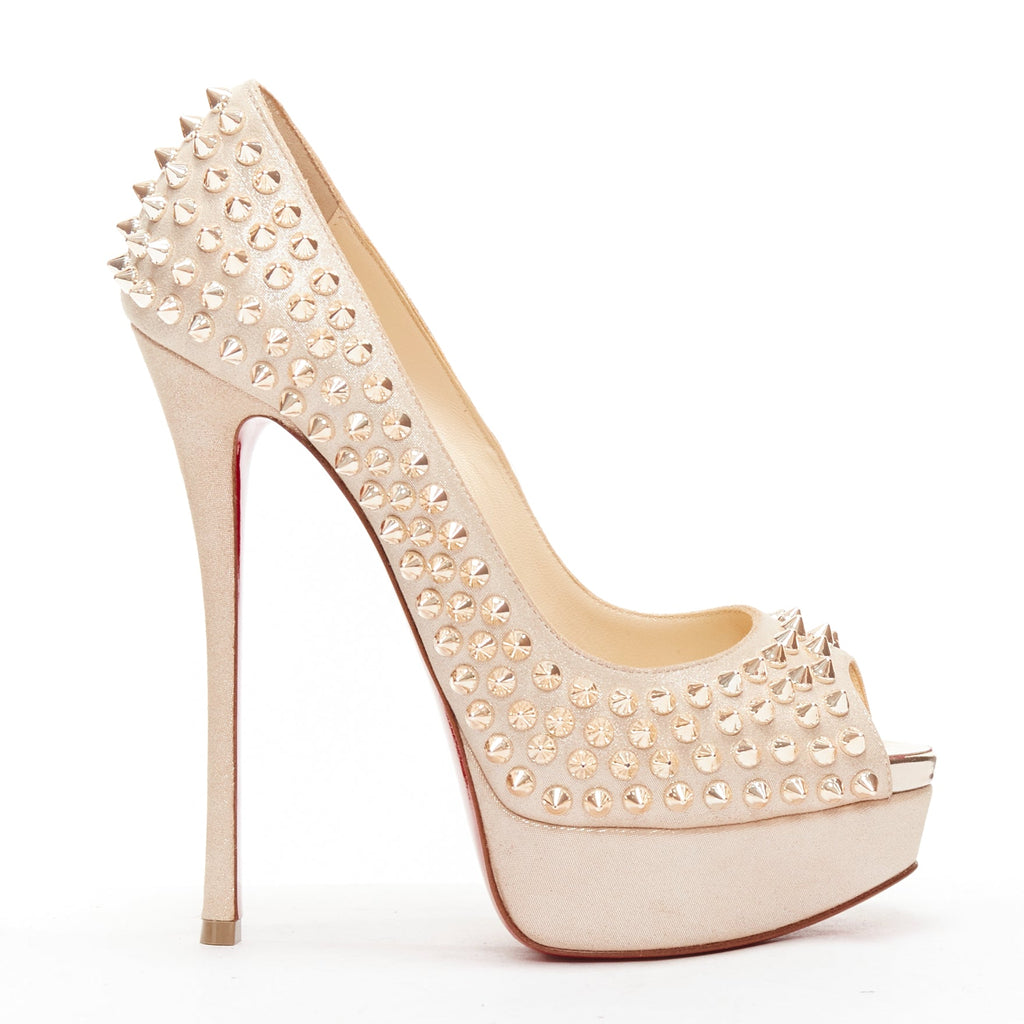 rare CHRISTIAN LOUBOUTIN Fetish Lady Peep 150 gold spike platform pump  EU36.5