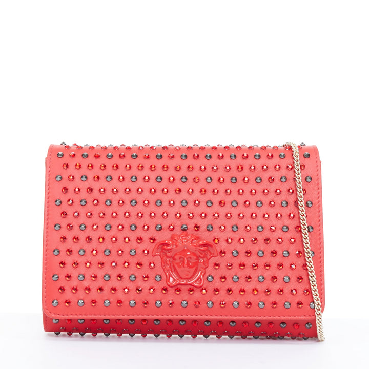 VERSACE Palazzo Medusa red strass crystal stud embellished leather crossbody bag