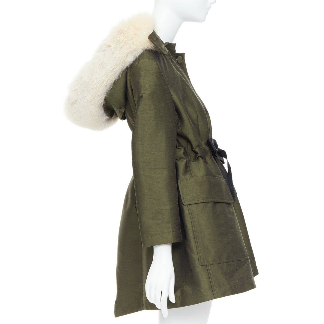 DIOR military green pocketed cream fur hood belted anorak coat FR34 XS