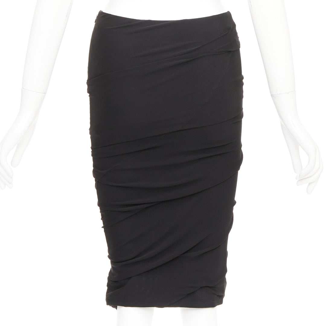 TOM FORD black viscose ruched high waisted asymmetric knee pencil skirt IT36 XXS