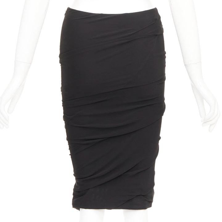 TOM FORD black viscose ruched high waisted asymmetric knee pencil skirt IT36 XXS