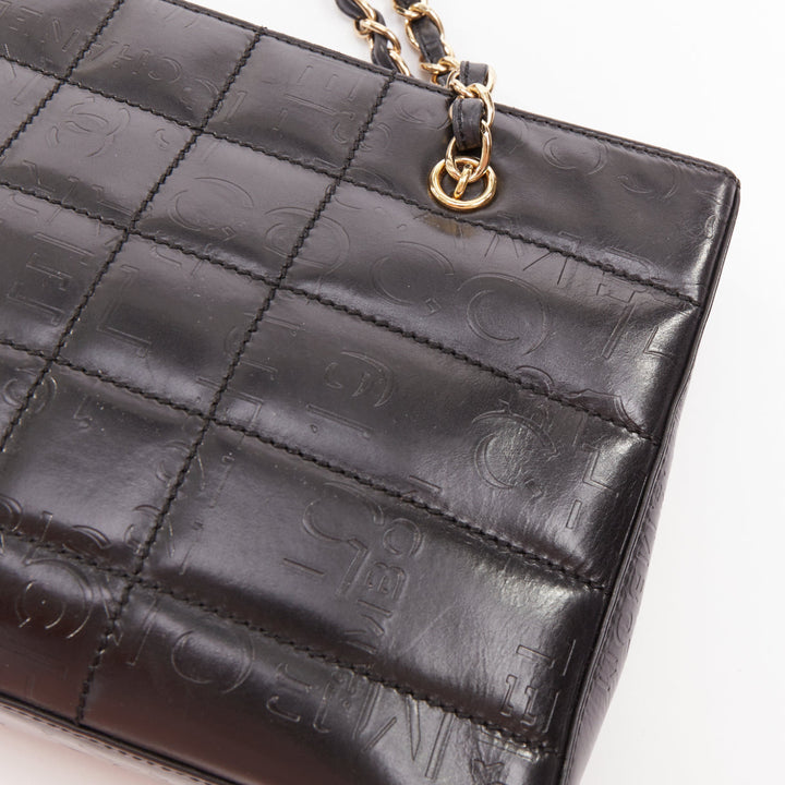 CHANEL Vintage 2002 Chocolate Bar black leather logo embossed chain tote bag