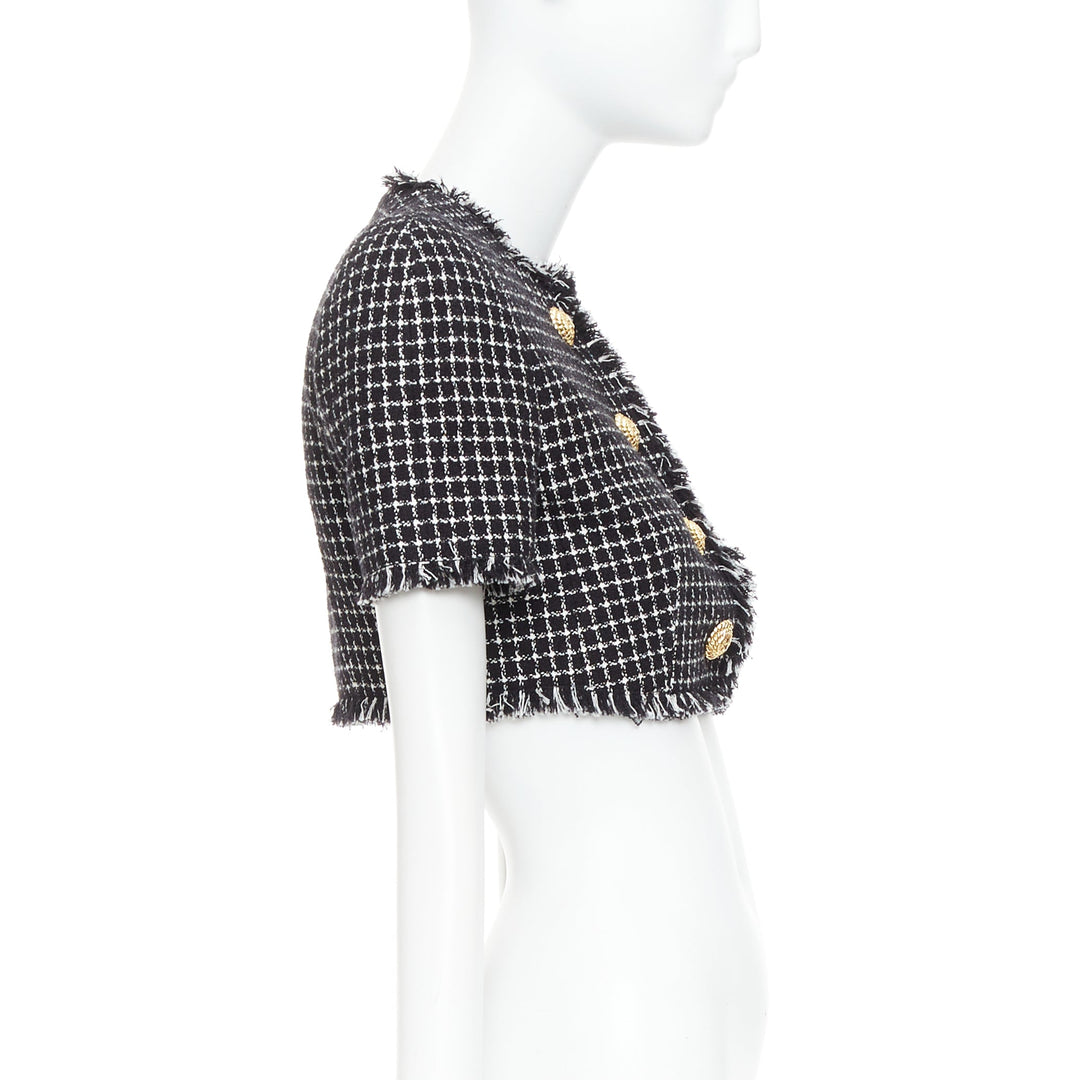 BALMAIN 2024 black white tweed lionhead buttons cropped jacket FR34 XS