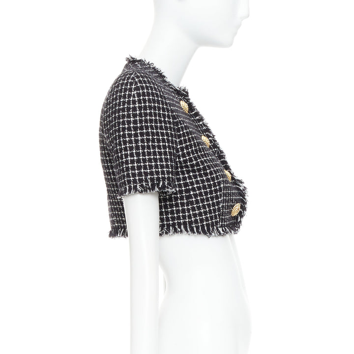 BALMAIN 2024 black white tweed lionhead buttons cropped jacket FR34 XS