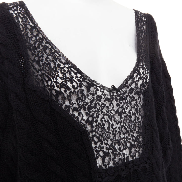 BALENCIAGA DEMNA 2017 black wool cable knit lace plunge oversized sweater FR