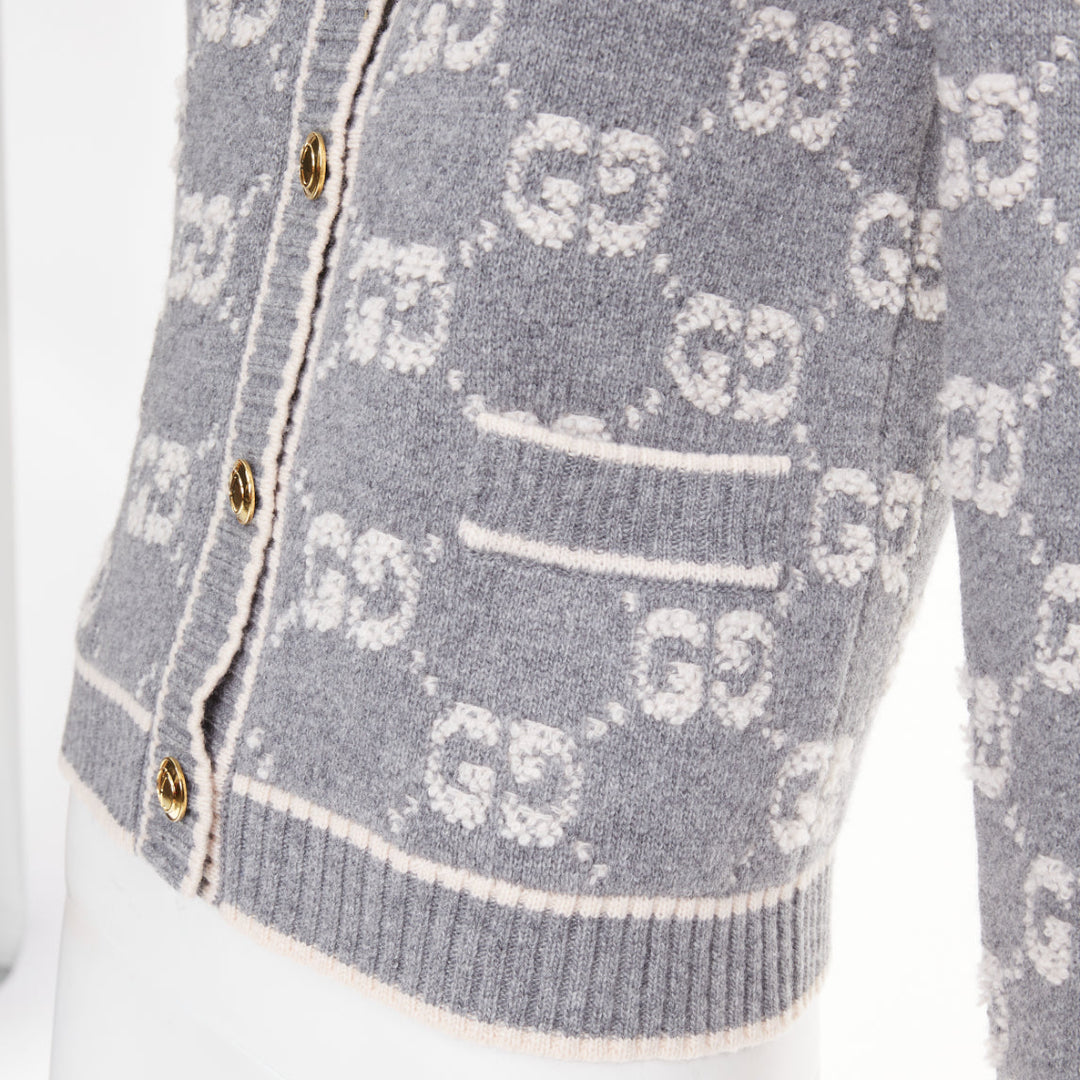 GUCCI 2021 grey cream GG Supreme jacquard boucle wool cardigan jacket IT40 S