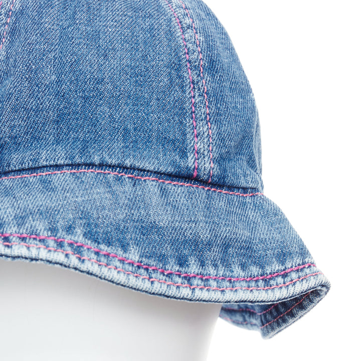 CHANEL 2022 washed blue denim silver CC logo red topstitch bucket hat M