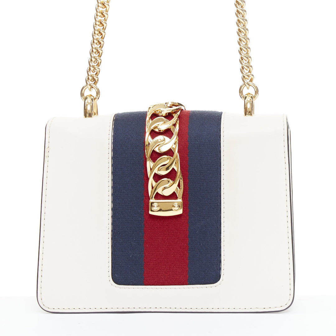 GUCCI Small Sylvie white calf leather navy red web stripe chain shoulder bag